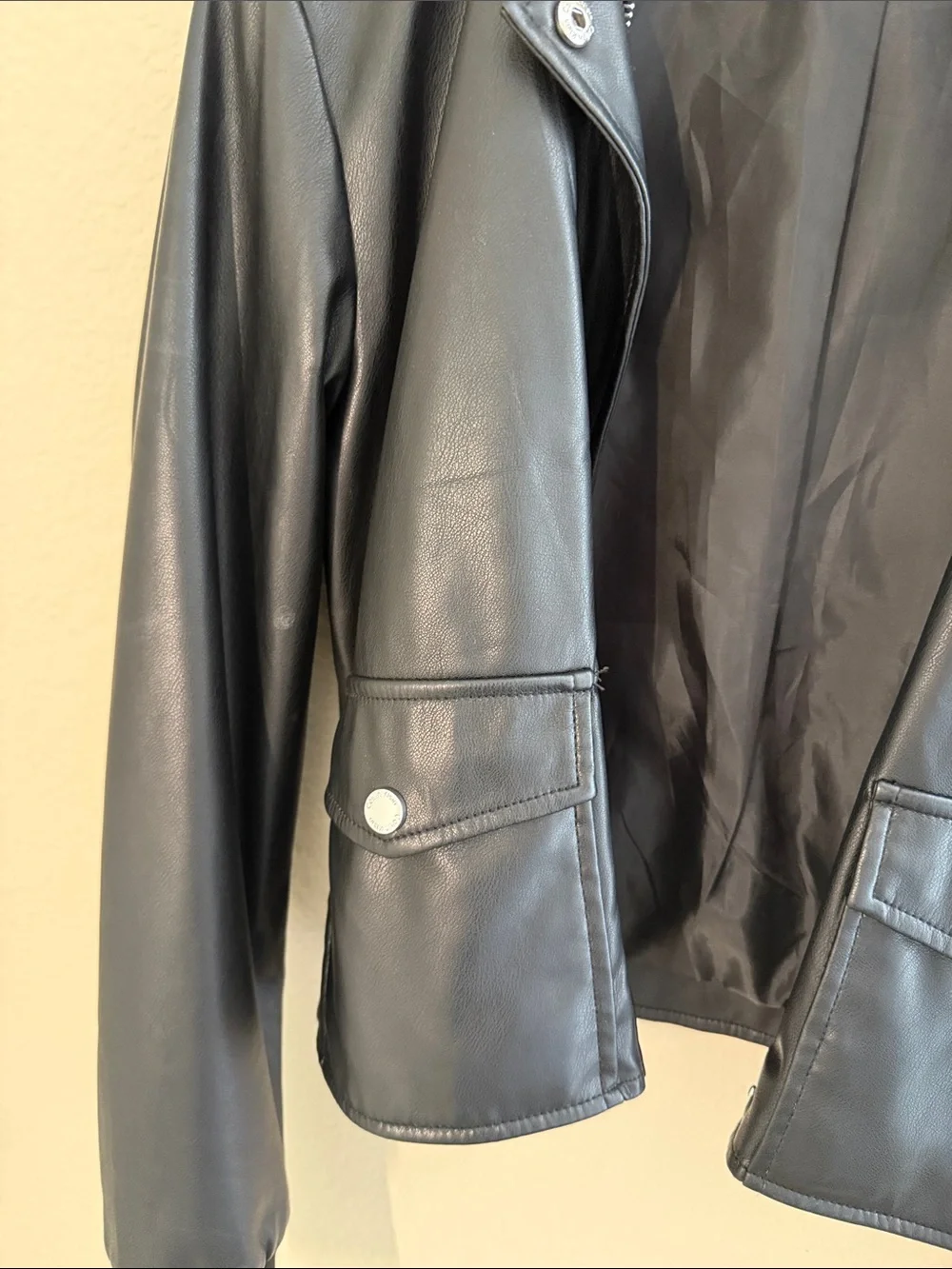 Calvin Klein Black Faux Leather Bomber Jacket with Snap Pockets